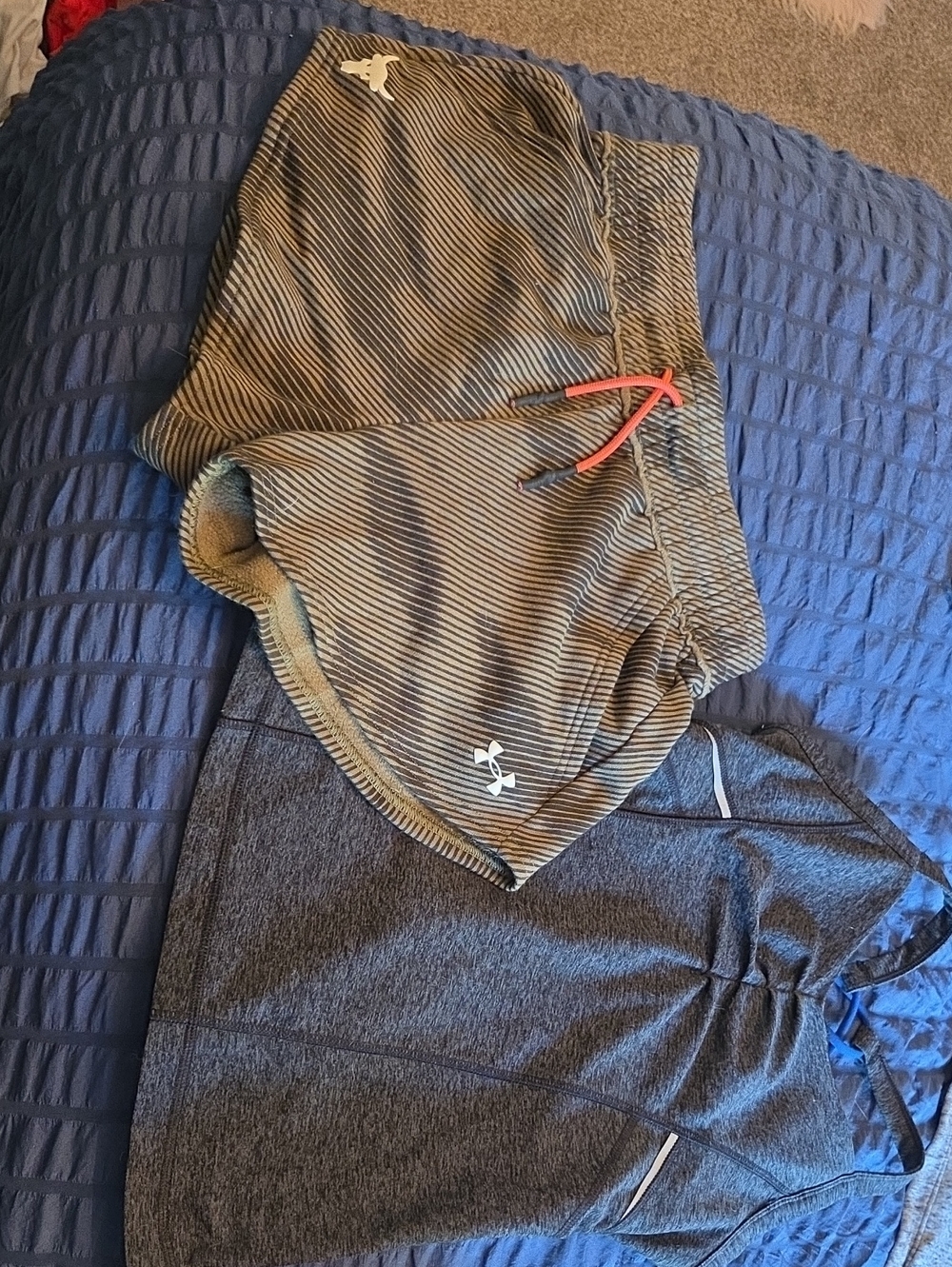 Under Armour Gray Striped Athletic Shorts with Coral Drawstring